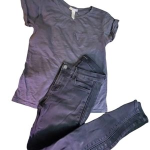 🆓2in1: Tee+JBrand Fabiana: Skinny Jeans Gray w/ Leather Stripes , Size 26, Used